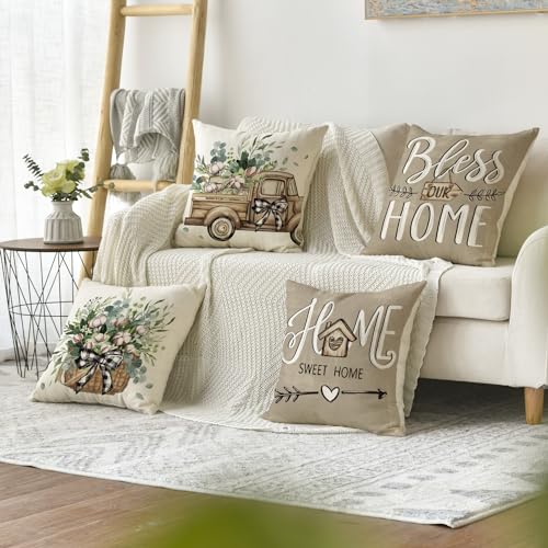 AVOIN colorlife Bless Our Home Farmhouse Eucalyptus Leaves Throw Pillow Covers, 18 x 18 Inch Truck Home Sweet Home Cushion...