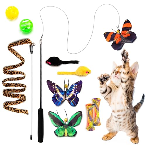 AWOOF Butterfly Cat Wand Cat Toys Set, Realistic Crinkle Catnip Butterflies Kitten Toys with Retractable Interactive Cat W...
