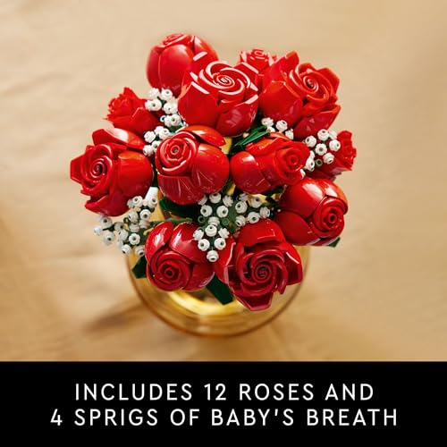 LEGO Botanicals Bouquet of Roses Artificial Flowers - Fake Red Roses Building Set for Adults, Ages 18+ - Gifts for Birthda...