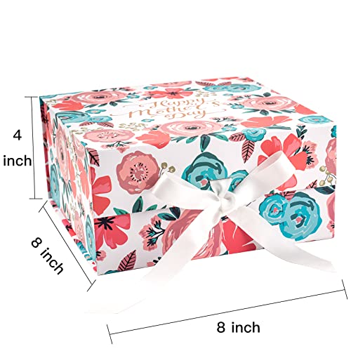 WRAPAHOLIC 1 Pcs 8x8x4 Inches Rose Gold Foil Happy Mother's Day Lettering and Floral Gift Box with Satin Ribbon, Collapsib...