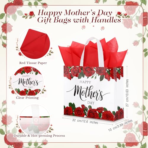 Sinload 24 Sets Large Gifts Bags for Mother's Day 10.6" Rose Flowers Non Woven Fabric Bag with Tissue Papers with Handles ...