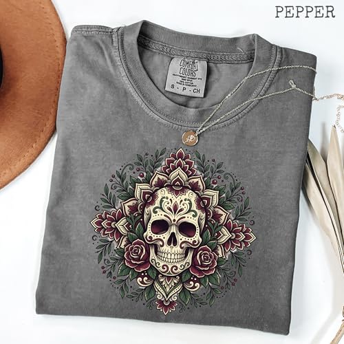 Sugar Skull Mandala Design - Womens Comfort Colors - Pepper Grey Floral Rose Day of the Dead Graphic Tee
