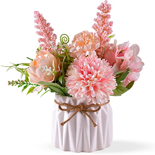 Artificial Potted Flowers Pink, Small Ceramic Vase Fake Flower Plants Desktop Decoration Indoor for Home and Office, Faux ...