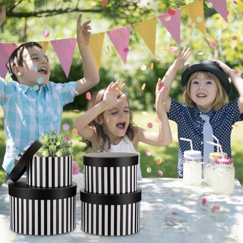 Oairse Gift Boxes with Lids for Presents Black and White Striped Round Box for Flower Arrangements Set of 4 Nesting Gift B...