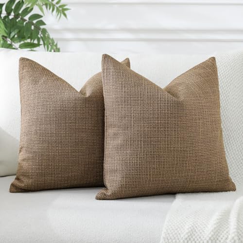 OTOSTAR Pack of 2 Throw Pillow Covers 20x20 Inch Linen Coffee Brown Pillowcases Farmhouse Decorative Solid Pillow Covers 5...