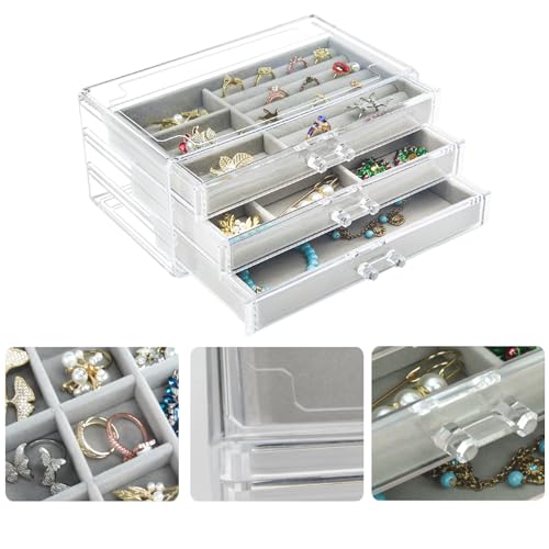 Weiai Acrylic Jewelry Box 3 Drawers, Velvet Jewellery Organizer, Earring Rings Necklaces Bracelets Display Case Gift for W...