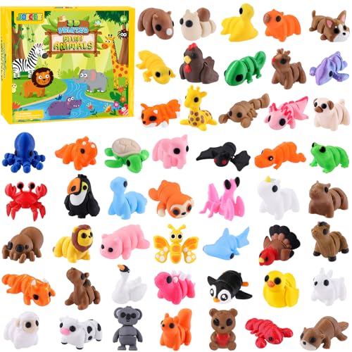 JOICEE 50 Pcs Mini 3D Printed Animal Figurines Set, Articulated Flexible Fidget Toys Cute Desk Pets Decor for Kids Party F...