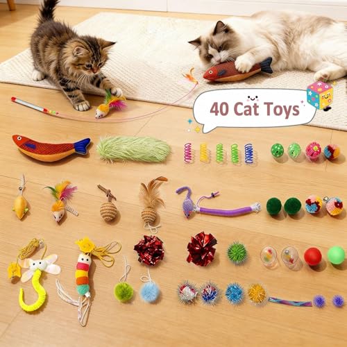 MOYMO 41 Pcs Interactive Cat Toys for Indoor Cats, Kitten Toys with Soft Pillow, Catnip Toys, Chew Rope, Feather Wand, Spr...