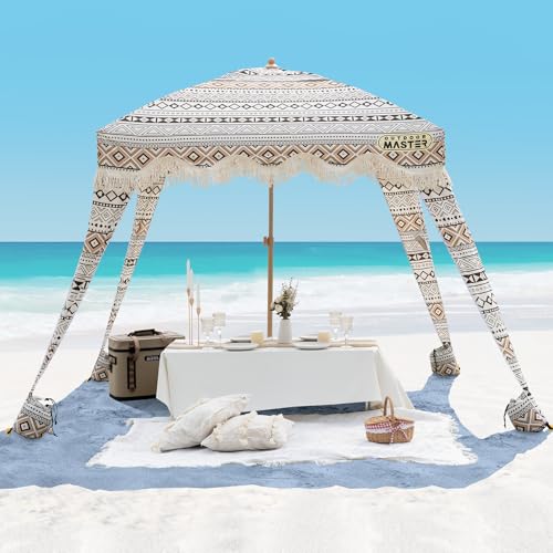 OutdoorMaster Beach Cabana with Fringes, Portable 6' x 6' Beach Canopy for Sand, Easy Set Up Beach Shelter, Included Side ...
