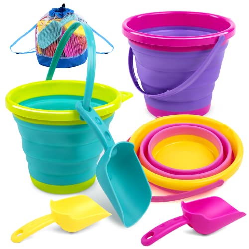 JOYIN Foldable Beach Bucket Set - 3 Packs Collapsible Toy Buckets with Shovels and Mesh Backpack for Kids Toddlers Party, ...