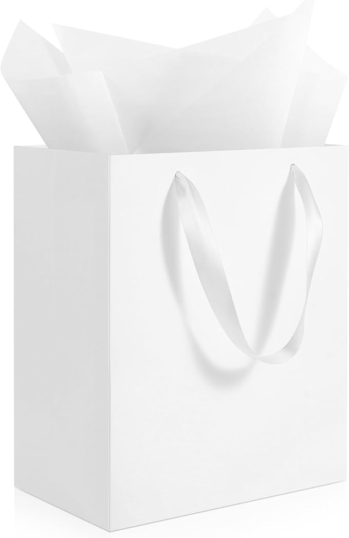 Ethhqu 4 Pack Medium White Gift Bags with Handles, 8x5x10 Inches - Includes 4 Tissue Papers for Birthday Party, Baby Showe...