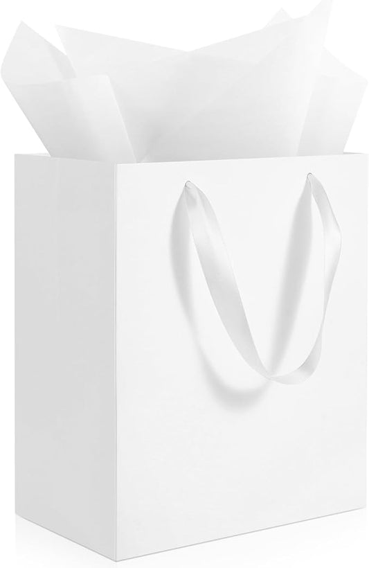 Ethhqu 4 Pack Medium White Gift Bags with Handles, 8x5x10 Inches - Includes 4 Tissue Papers for Birthday Party, Baby Showe...