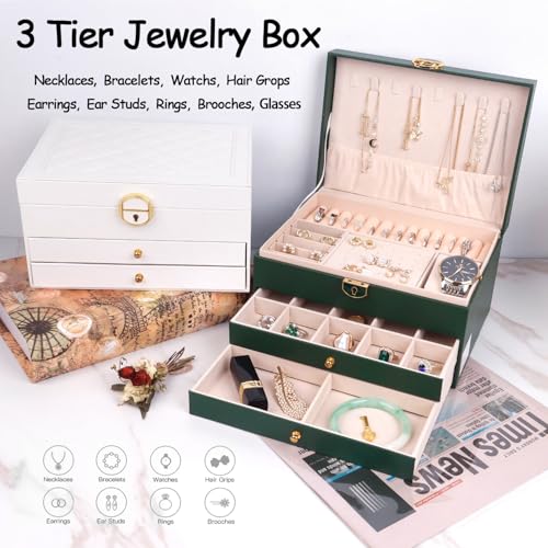 RQQM 3 Layer Jewelry Box Organizer with Drawers, Lockable PU Leather Jewelry Storage Case for Mothrer's Day gifts Necklace...