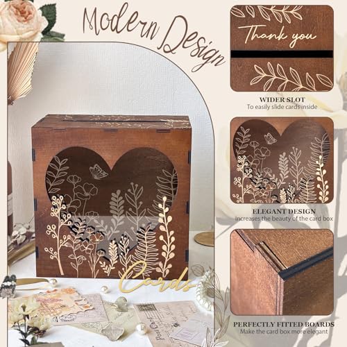 OurWarm Brown Wedding Card Box for Reception with Heart Acrylic Window, Wooden Gift Card Box for Wedding with Flower Patte...
