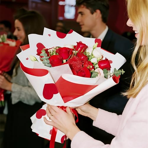 LeZakaa 20 Sheets Flower Wrapping Paper, Red Heart Design Waterproof Floral Bouquet Paper for Valentine's Day, Wedding, An...