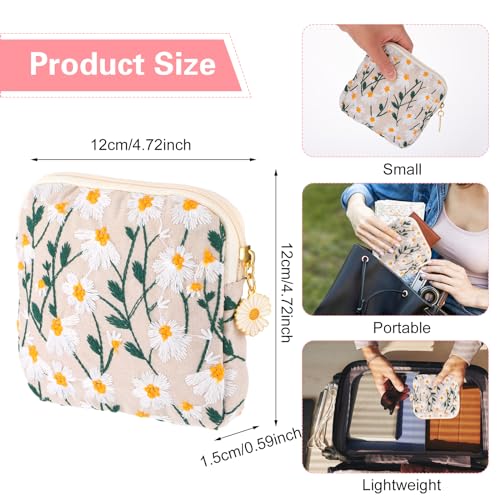 TIESOME Daisies Sanitary Napkin Storage Bag, 2 Pcs Embroidery Menstrual Cup Pouch Cotton Soft Period Holder Bag Portable T...