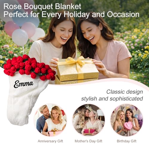 Neywoll Personalized Name Embroidery Crochet Flower Bouquet Throw Blanket Custom Rose Blanket Romantic Gift for Her Girlfr...