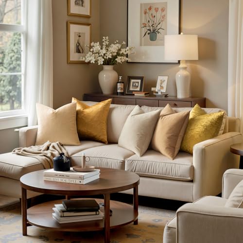 MIULEE Velvet Throw Pillow Covers 18x18 Inch, Pack of 2 - Golden, Super Soft Decorative Square Cushion Cases Modern Luxury...