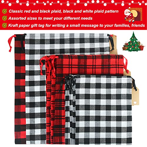 HRX Package Fabric Gift Bags Drawstring Assorted, 9pcs Reusable Christmas Wrapping Sacks Buffalo Plaid Cloth Bag with Gift...