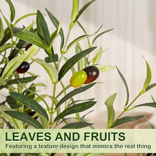 VIVATREES Olive Trees Artificial Indoor, 5FT Tall Faux Olive Tree with White Tall Planter, Artificial Plants with Natural ...