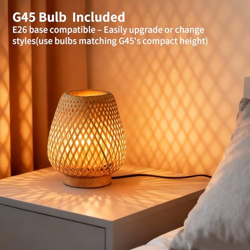 URLIGHTS Table Lamp with Double Layer Woven Shade Wood Base,Desk Bedside Small Lamps with 6ft Power Cord, 110V Plug, Dimma...