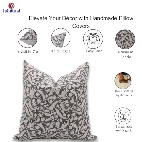 Fabritual Handmade Block Print Pure Linen 20X20 Inch Throw Pillowcase Cushion Cover with Zipper, Outdoor, Home Décor, for ...