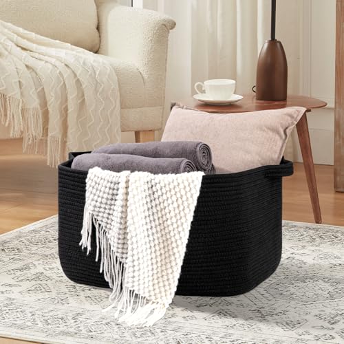 OIASKET Large Blanket Basket, Black Blanket Storage Living Room, Rectangle Woven Baskets for Storage Toys, Towels, Dirty C...