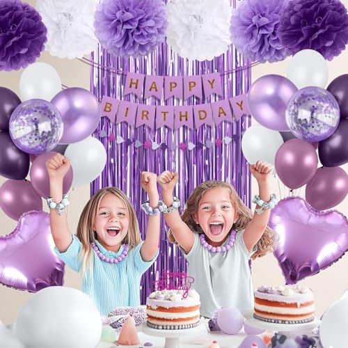 Purple Birthday Decorations for Women, Happy Birthday Party Decorations, Happy Birthday Banner, Purple Balloons, Foil Frin...