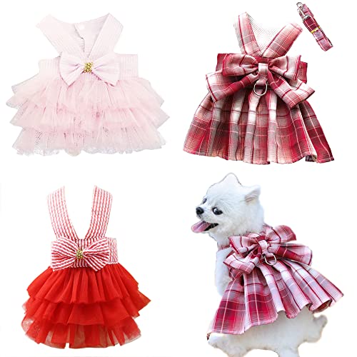 Clopon Dog Clothes Harness Dog Dress Pack Yorkie Dresses for Girl Pink Dress Blue Outfits Cute Leash Set XS