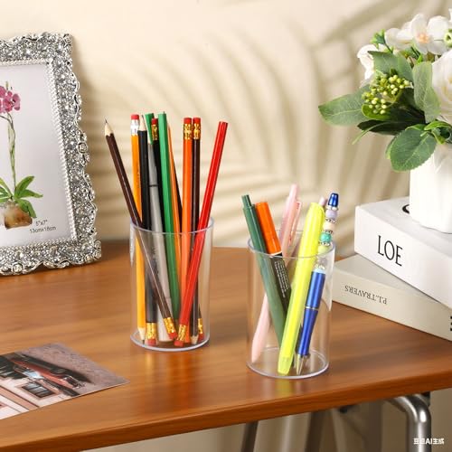 2 Pcs Pen Holder Acrylic Cylinder Container Stylish Clear Acrylic Desk Organizer Round Makeup Brush Storage Desktop Pencil...