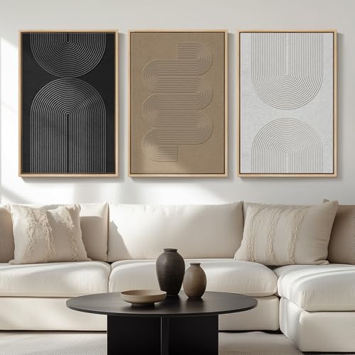 Large Framed Boho Modern Neutral Abstract Wall Art for Living Room, 3 Piece Black and White Canvas Prints Paintings Artwor...