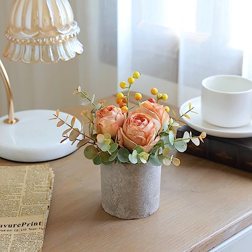 Rosscer Small Artificial Burnt Orange Rose Potted Plant, 6" Fake Silk Flowers in 3" Cylindrical Pot, Mini Faux Floral Arra...