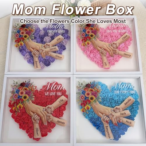 Personalized Flower Shadow Box with Name, Custom Mom & Kids Holding Hands Frame with Ring & Nail Design, Multiple Skin Ton...