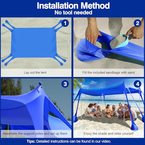 Rhino Valley Beach Tent Shade Canopy UPF50+ Protection, 8 Sandbags, 4 Stability Poles, Outdoor Sun Shelter Umbrella for Sa...
