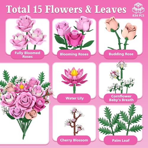 Pink Rose Bouquet Flowers Building Set, 834Pcs Roses Artificial Flowers Botanical Collection Gift for Mothers Day Mom Wome...