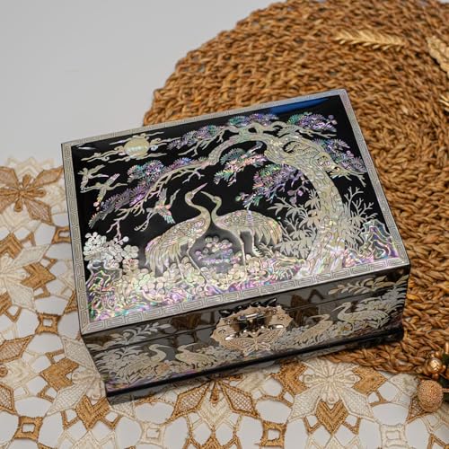 February Mountain Mother-of-Pearl Crane Jewelry Box | Wooden Make | Two-Layer Velvet Interior | Mirror Lid | Lacquer Finis...
