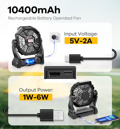 DOWILLDO 15000mAh Portable Battery Powered Camping Fan - with LED Light, Quiet Battery Operated, Camping Gear for Travel, ...