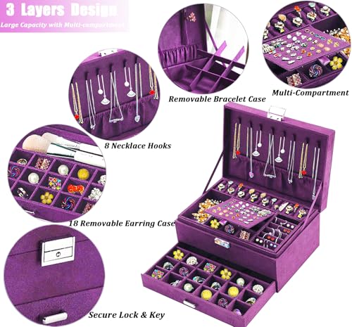 QBestry 3-Layer Jewelry Box for Women with Lock and Key & Drawer, Large Jewelry Organizer with 8 Necklace Hooks & 56 Earri...