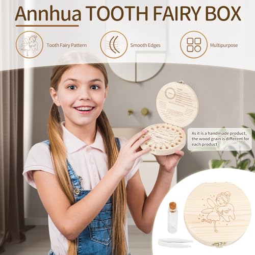 Annhua Tooth Fairy Tooth Holder Wooden Umbilical Cord Keepsake Box, Cute Baby Teeth Keepsake Box with Tweezer and Fetal Ha...