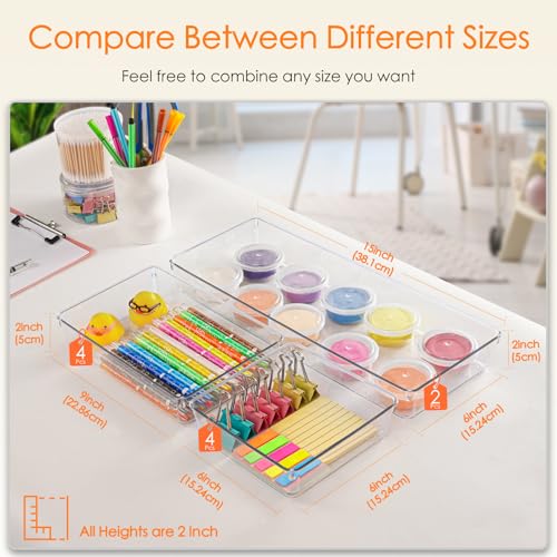 Criusia Drawer Organizer, 10 Pack Large Clear Plastic Set, 3 Size Versatile Bathroom and Vanity Organizer Trays, Storage B...