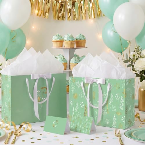 woric 13.7''Gift Bags Set of 2 Large Sage Green Bags for Women with Handles Tissue Paper Cards for Mother's Day Weddings B...