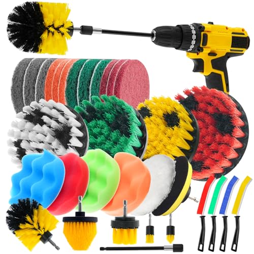 TOWBRUS 32 Pack Drill Brush Attachments Set Scrub Pads Sponge Buffing Pads Crevice Cleaning Brush for Home Bathroom Car Ki...