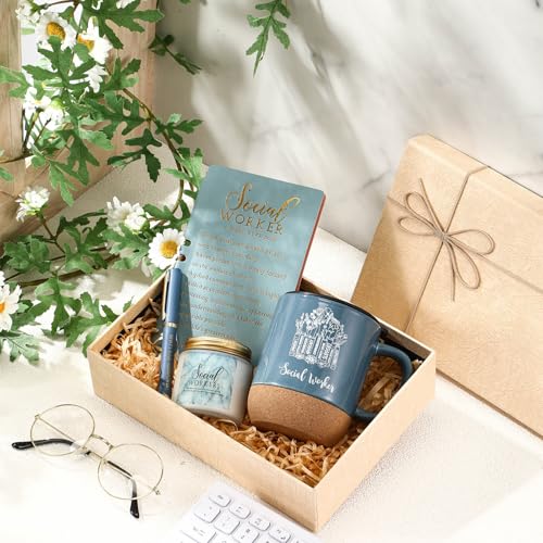 Baderke 4 Pcs Social Worker Graduation Gifts in Morandi Sky Blue, 15 Oz Mug Notebook Pen Candle Gift Set for BSW MSW DSW, ...