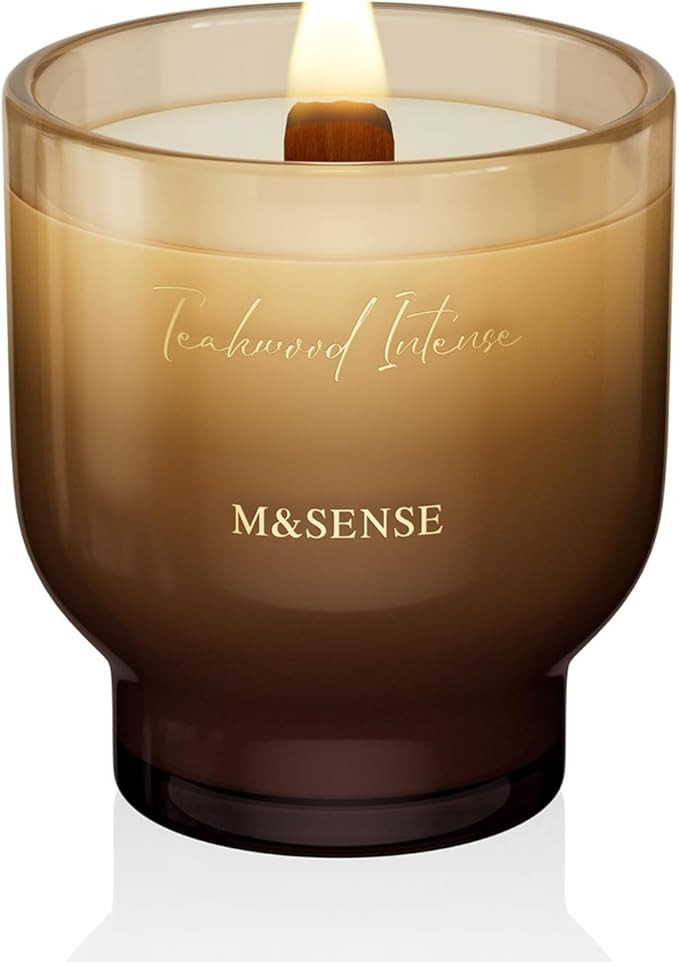 M&SENSE 9.88oz Natural Soy Wax Jar Candle with Wooden Wick | Teakwood Intense Scent | 55-Hour Burn & Long-Lasting Burn | H...