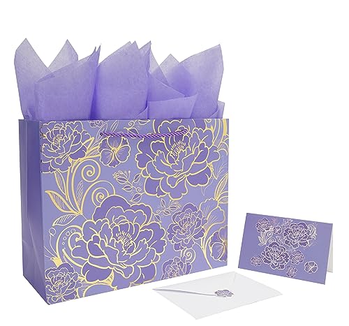 Qirrmiy 13" Large Rose Purple Gift Bag Set with Greeting Card and Tissue Paper for Women or Girls for Celebrating Birthday...