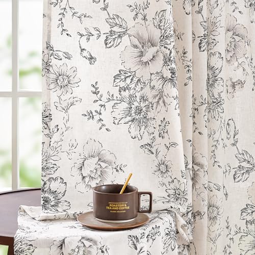 jinchan Floral Curtains for Living Room 84 Inch Length Farmhouse Printed Curtain Rod Pocket Back Tab Black Peony Flower Pa...