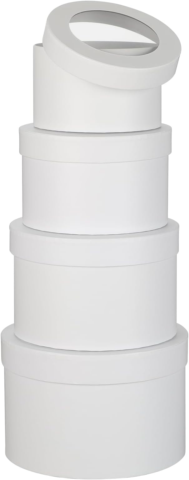 Flower Boxes for Arrangements Nesting Round Gift Boxes with Clear Lids White Round Boxes for Flowers Set of 4 Assorted Siz...