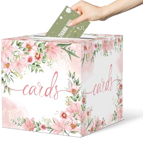 Watercolor Pink Floral Card Box Wedding Card Box Holder Gift Cards Receiving Box for Party Graduation Bridal or Baby Showe...