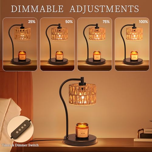 Ruiever Candle Warmer Lamp, Rattan Candle Heater with 2 Light Bulbs, Dimmable and Timer Melt Warmer for Scented Jar Candle...
