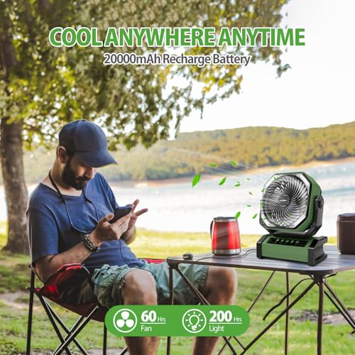 AddAcc 20000mAh Rechargeable Camping Fan - Battery Operated Fan with Light & Remote, Auto Oscillating, 4 Timer, 60 Hrs Wor...
